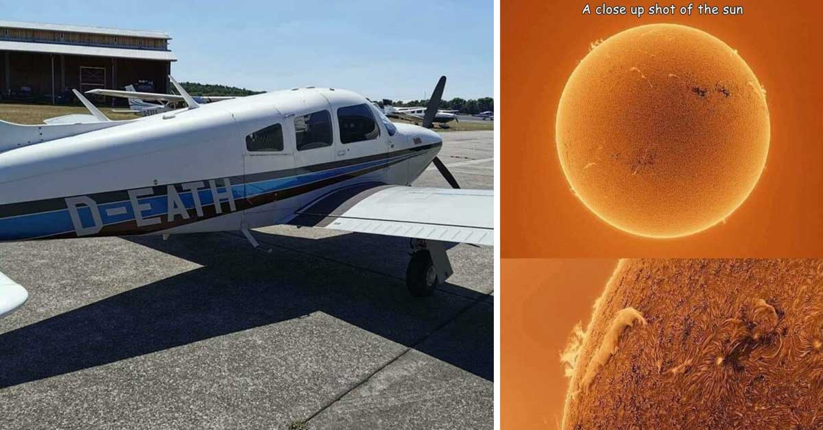 an airplane with the callsign death and a photo of the sun