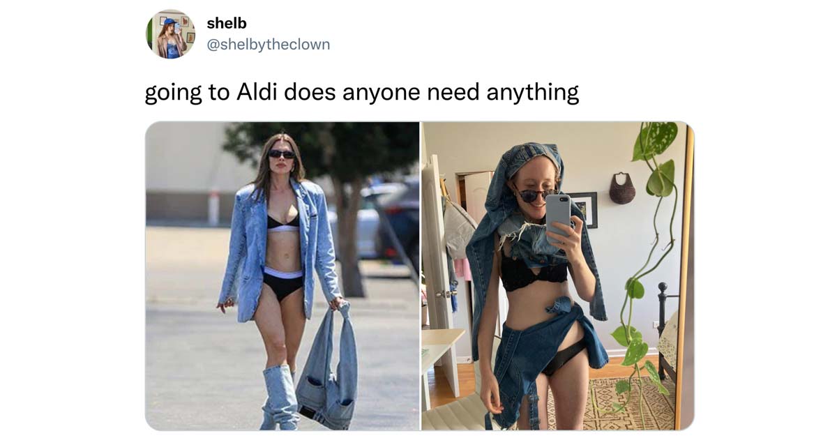 a funny meme from twitter about going shopping in skimpy clothes