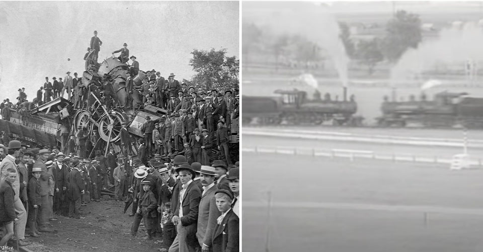 people standing on trains after collision - before collision