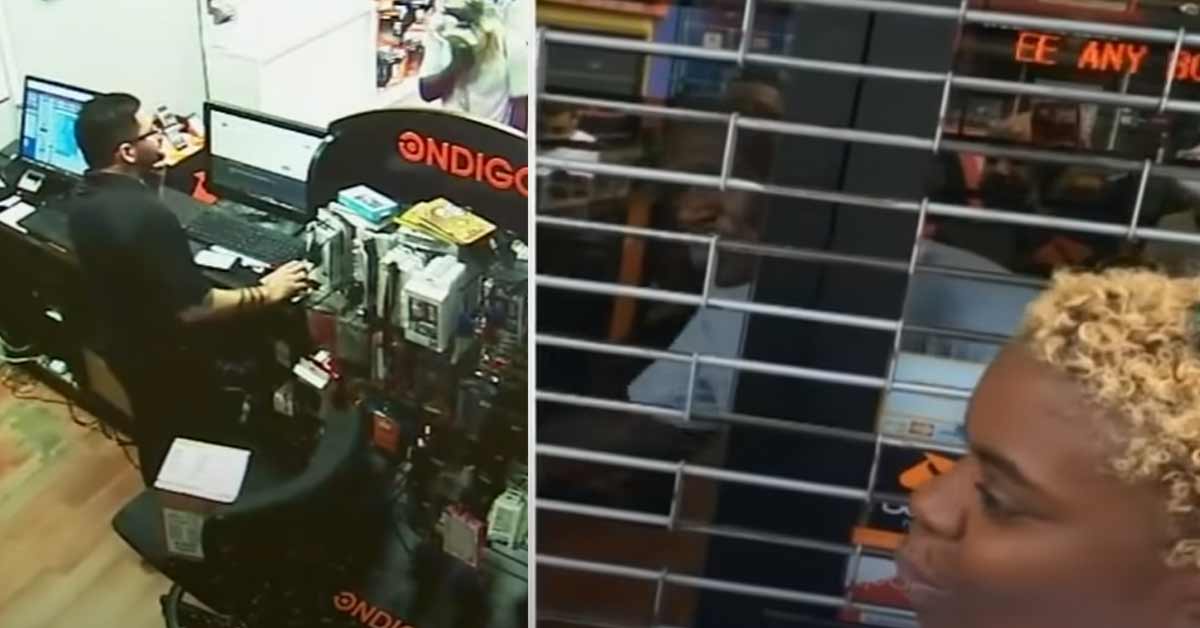 a cellphone store clerk being robbed