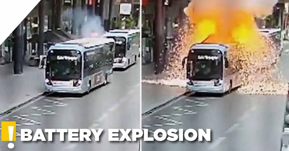 a huge bus fire after a battery exploded				           electric bus caught fire after battery explosion paris