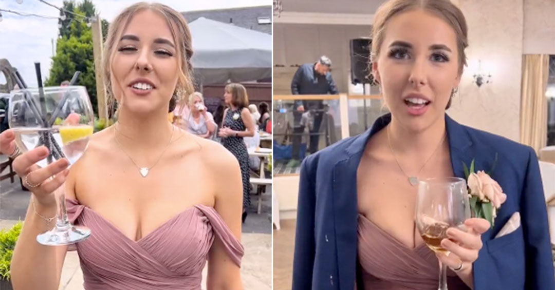 woman at a wedding having her first and last drink				          