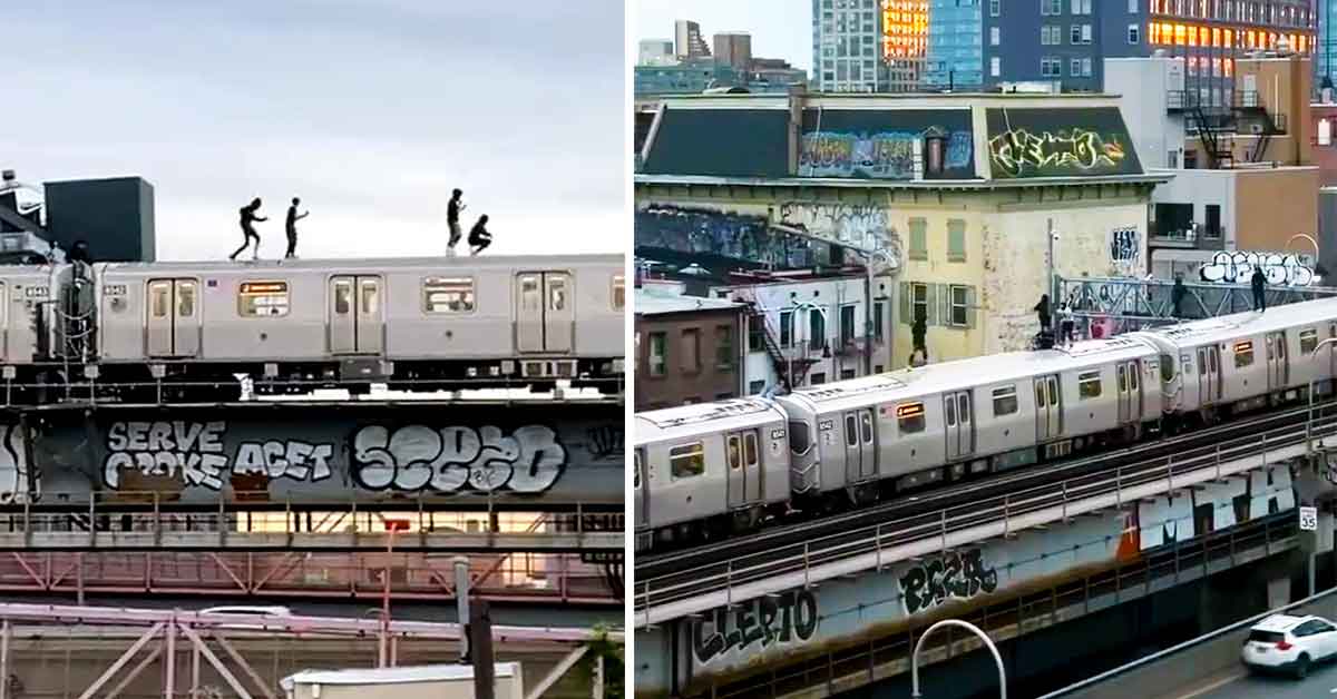 Brooklyn subway surfers' stunt caught on camera