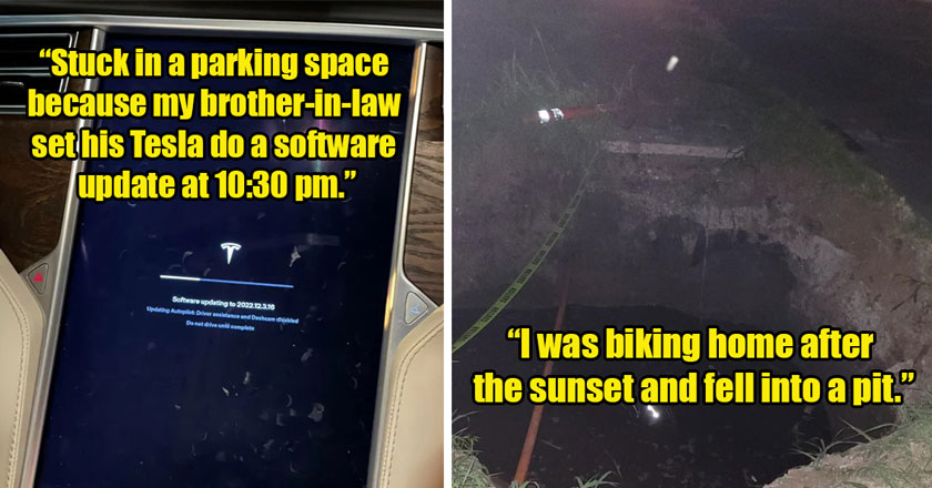 man stuck in updating tesla -  biker rider fell in sinkhole late at night