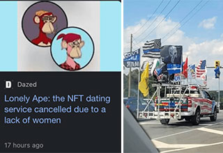cringe pics -  truck with too many flags - bored ape dating app shutdown