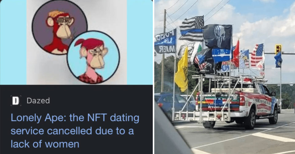 cringe pics -  truck with too many flags - bored ape dating app shutdown