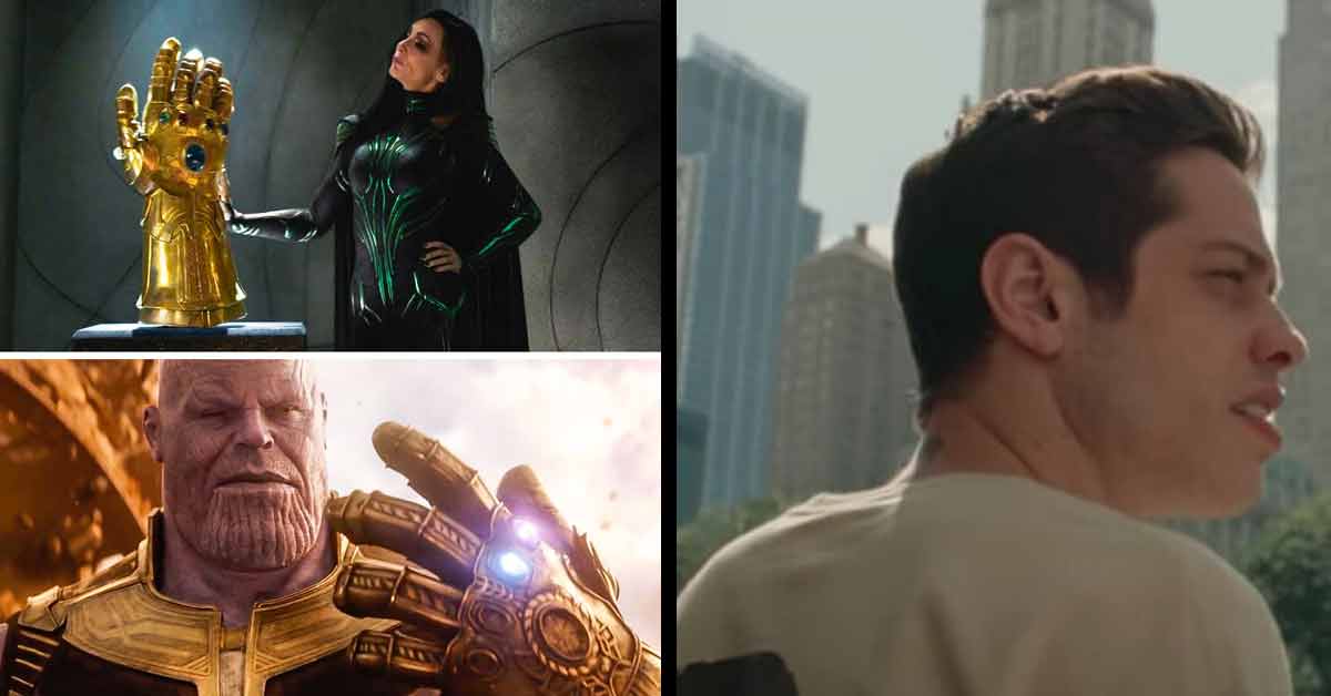 a scene from avengers end game and a photo of pete davidson