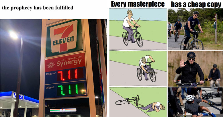 funny memes -  joe biden falling off his bike - 711 gas prices