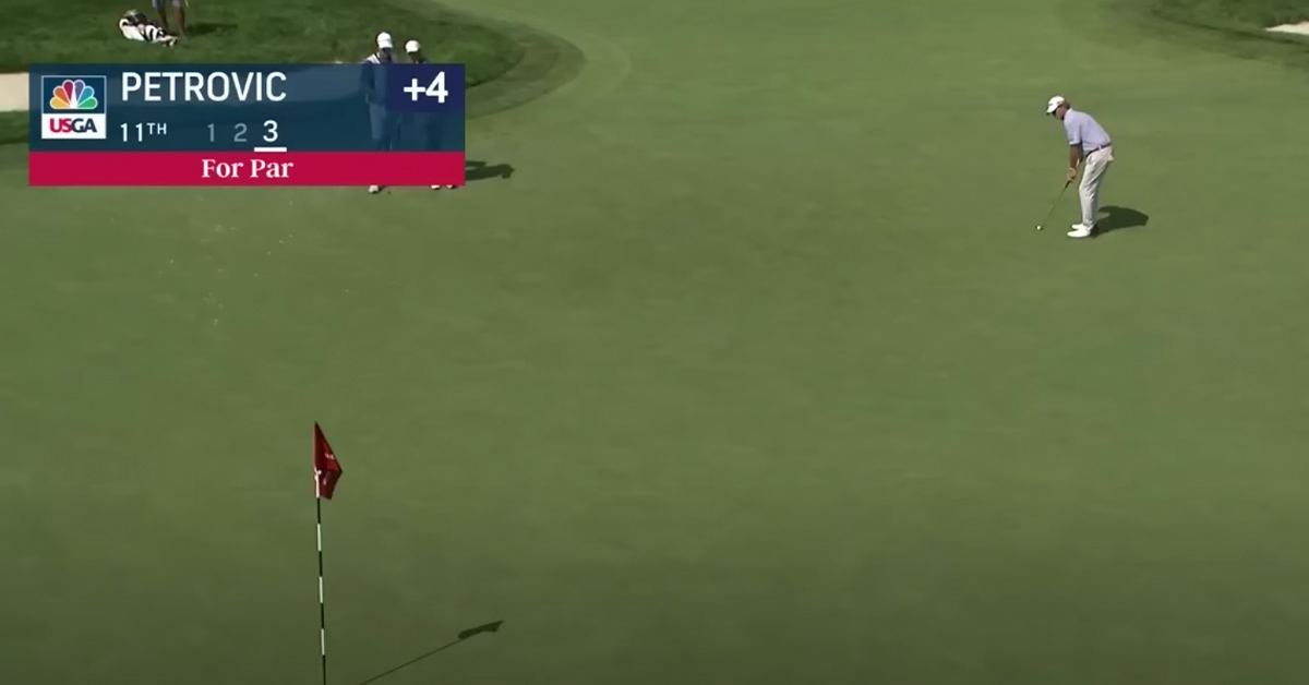 Tim Petrovic  hits putt past the cup and it reveres into the hole