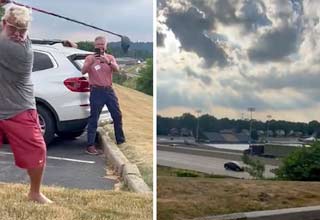 Legendary golfer John Daly hitting golfballs over a highway in Ohio