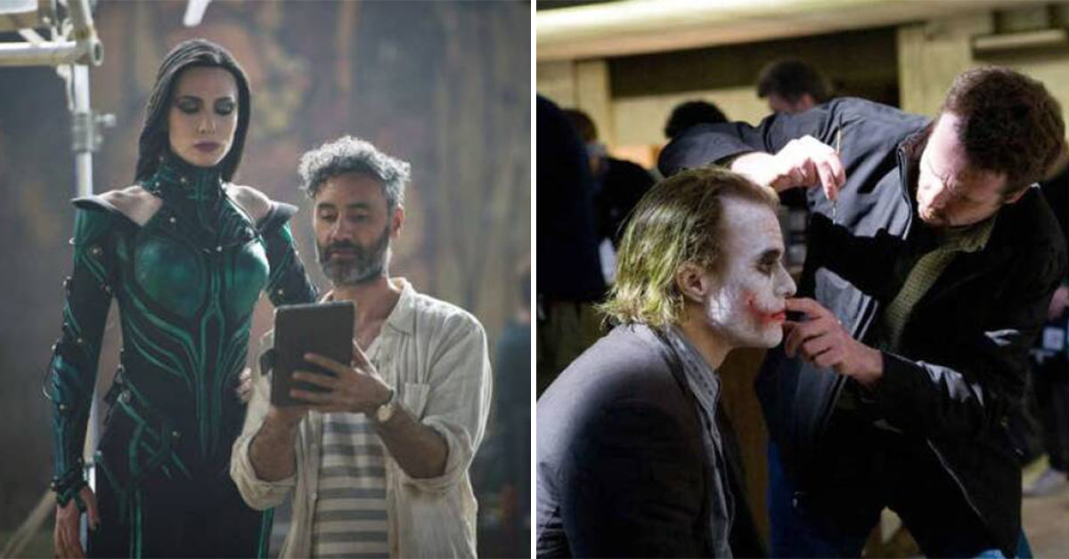 Cate Blanchett looks on as director Taika Waititi shows her some shots on set of Thor: Ragnarok