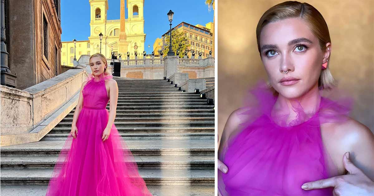 florence pugh wearing a pink Valentino dress