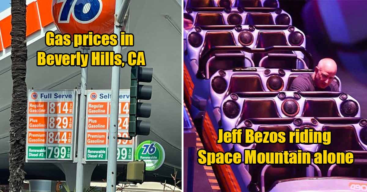 fascinating photos - gas prices in California -  Jeff Bezos on Space mountain alone