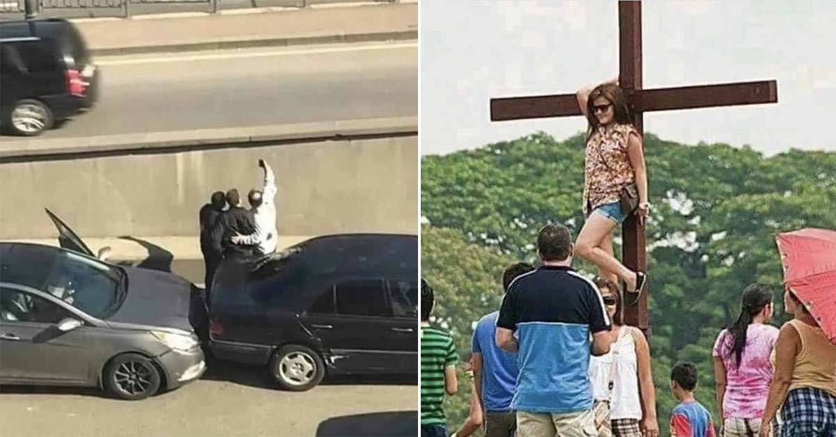 two guys taking a selfie after getting into a car crash -  woman posing on a cross