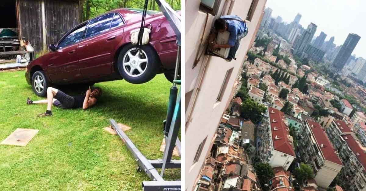 car hanging over guy, man clinging to AC