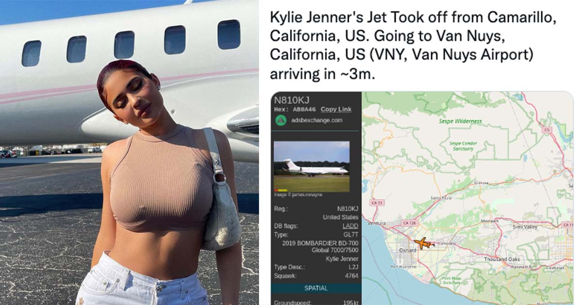 Kylie Jenner posing next to her private jets