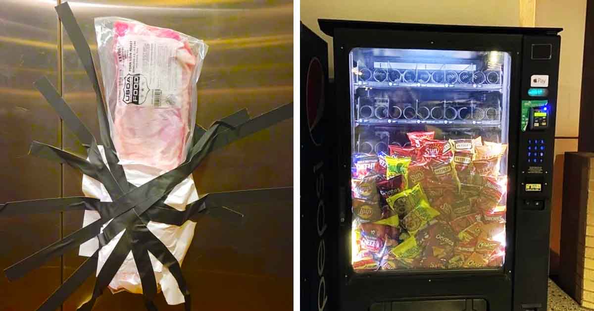 pork taped to elevator door, snack machine