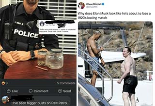 savage tweets -  cops making drug bust -  elon on vacation
