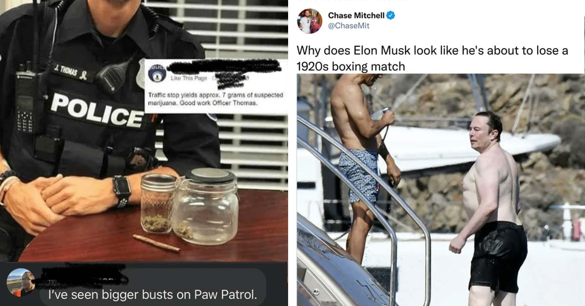 savage tweets -  cops making drug bust -  elon on vacation