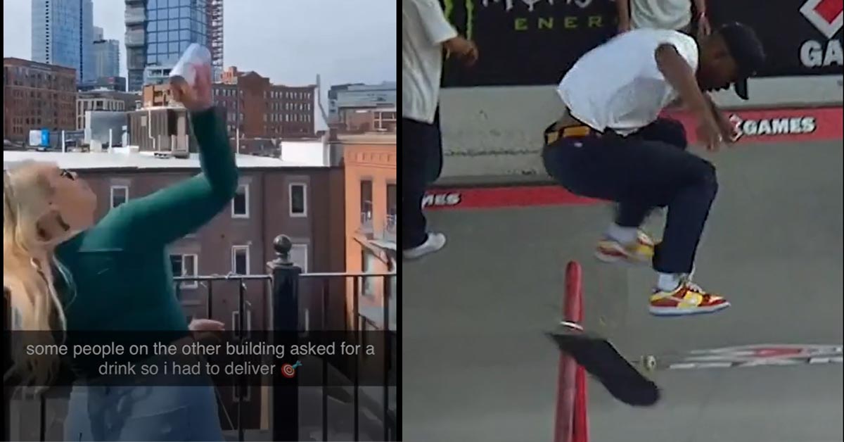 a girl chucking a beer and a guy skating