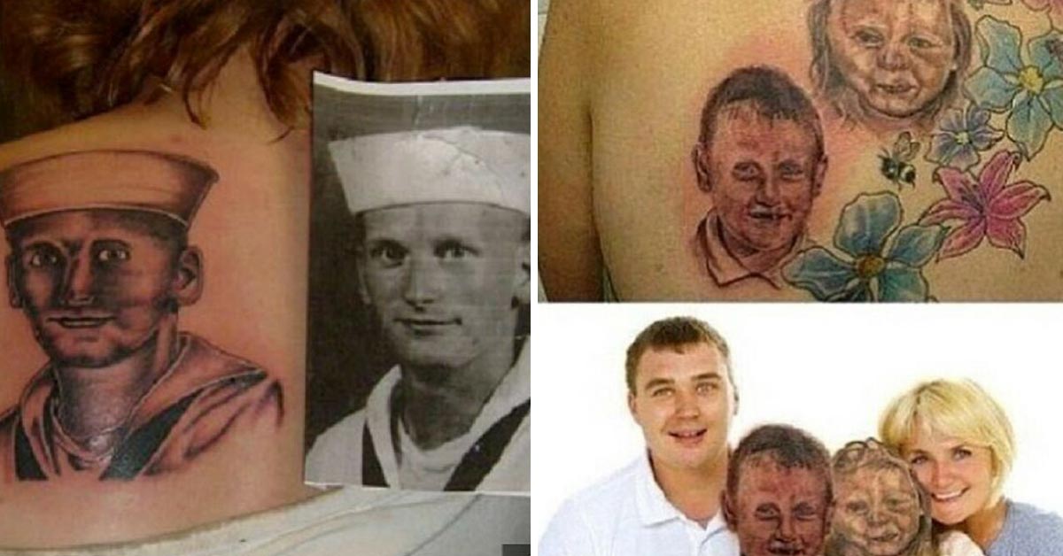 terrible portrait tattoo of a sailor  - bad tattoo of two children