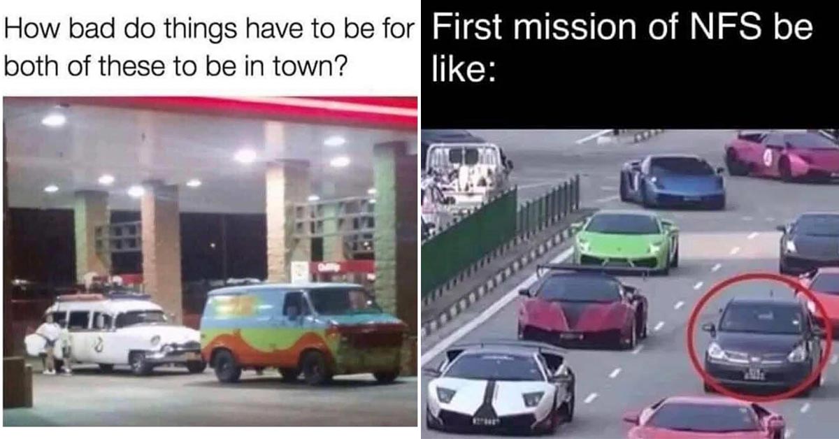 funny memes -  scobby doo and ghost buster car at a gas station -  the first race of NFS