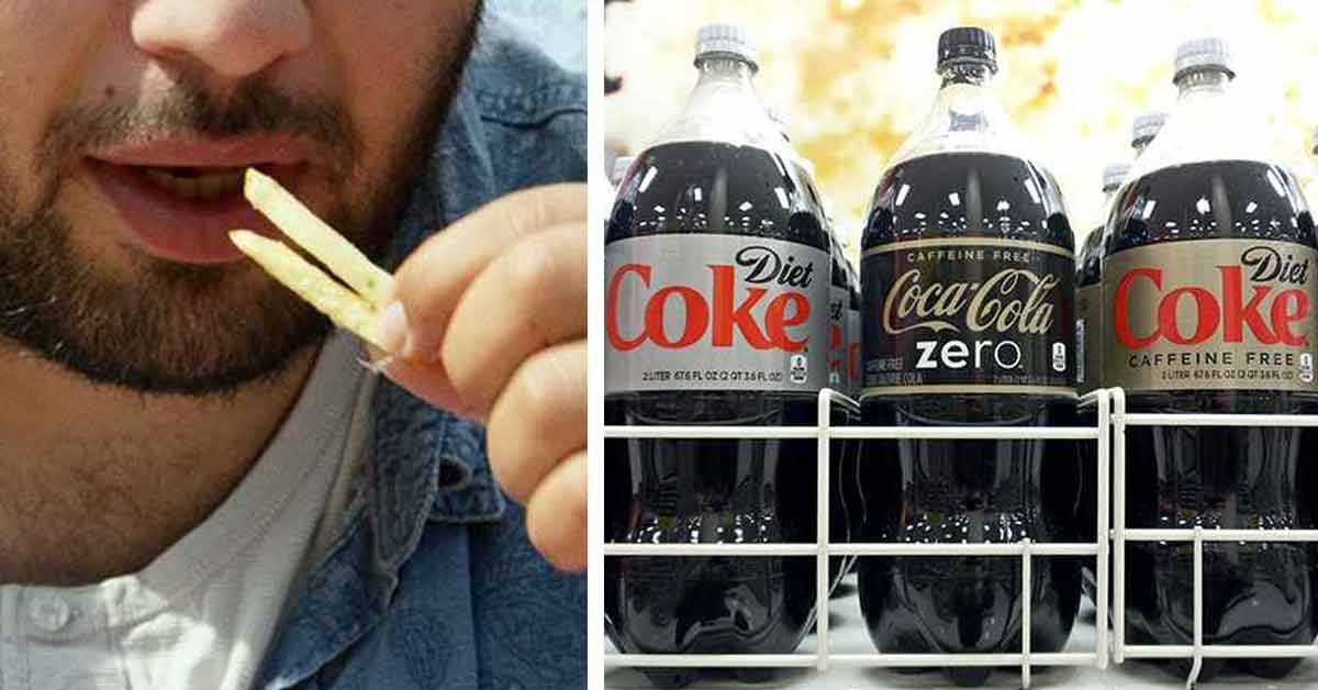 man eating fries and bottles of diet coke