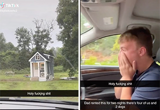 dad rents tiny house by mistake -  kids react from car