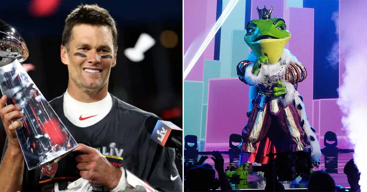 Tom Brady with the Lombardi trophy and a Frog wearing a crown on the masked singer