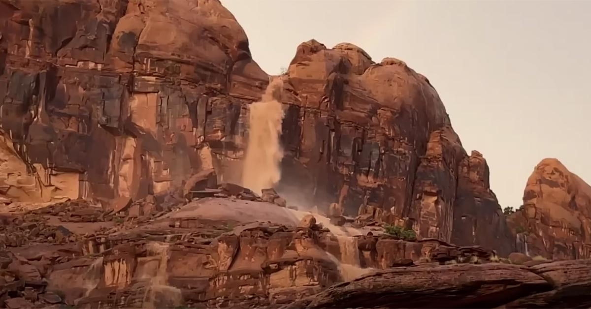 flood waters create waterfalls in Moab