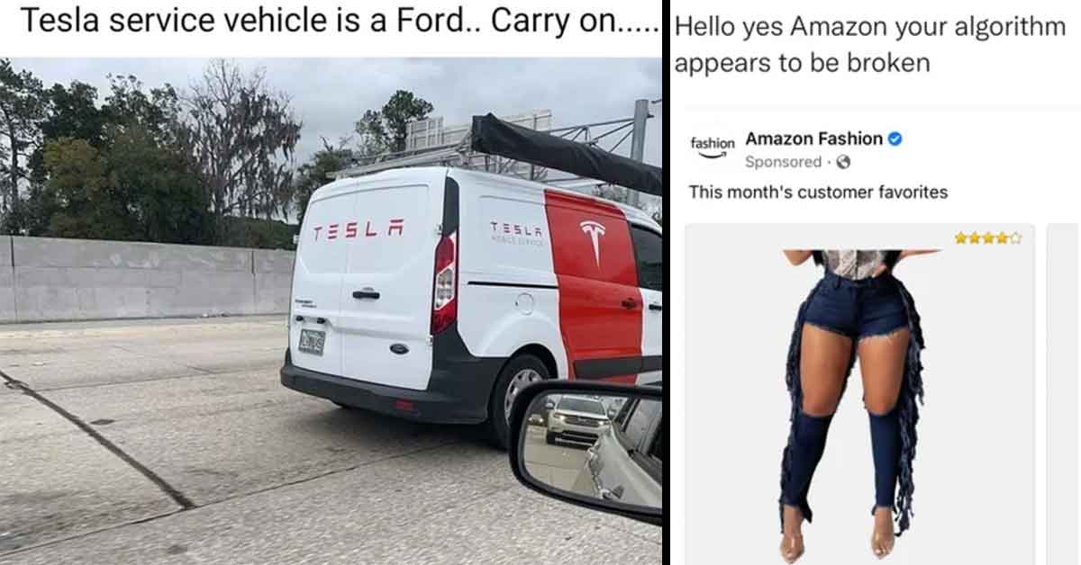 Funny Facepalms - tesla vehicle is Ford, amazon pants