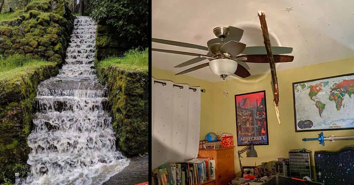 water running down stairs and stick through roof of house