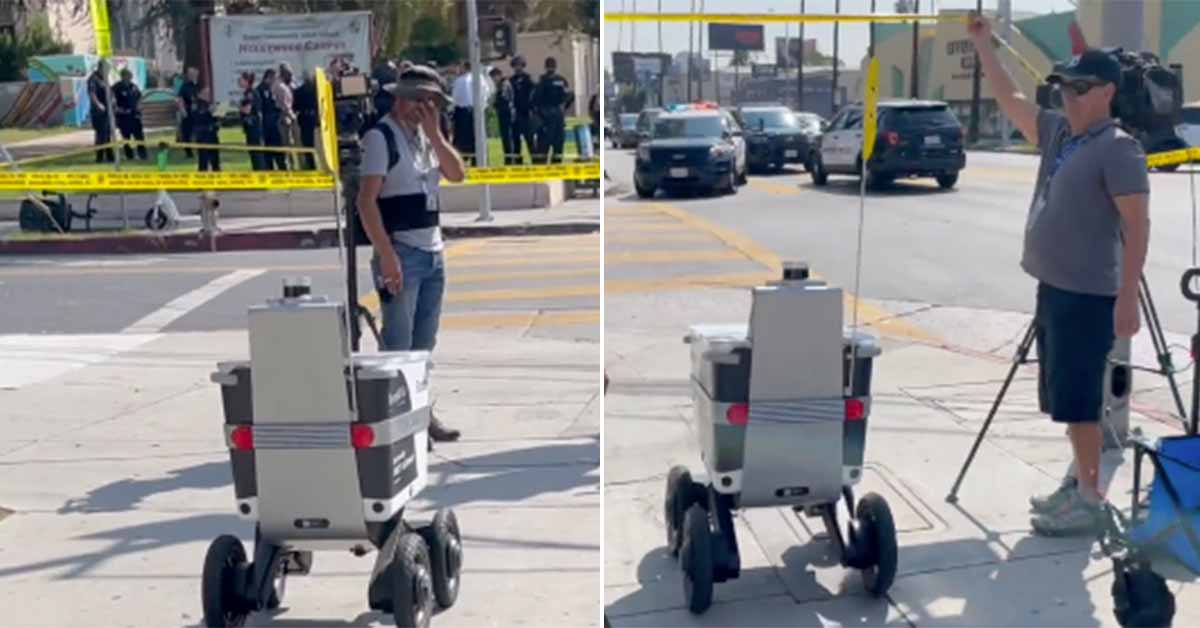 food delivery robot rolls through active crime scene in LA