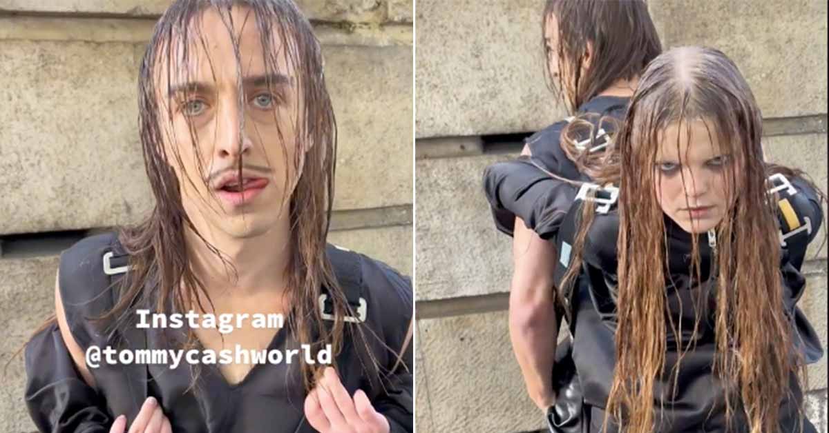Tommy Cash wears a woman on his back at Paris fashion week