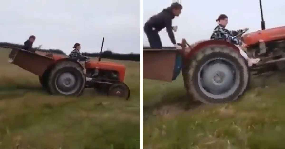 husband goes flying after letting wife drive the tractor