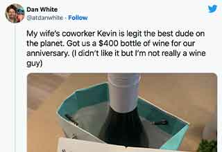 This couple is so lucky to have a friend like Dan's wife's co-worker Kevin. He's so considerate. Just check out this gift he sent them for their anniversary, and all the other nice things he's done for them. It's a shame that <strong><a href="https://www.ebaumsworld.com/pictures/28-people-who-just-dont-get-the-joke/87146432/">some people online just don't get it</a></strong>. 