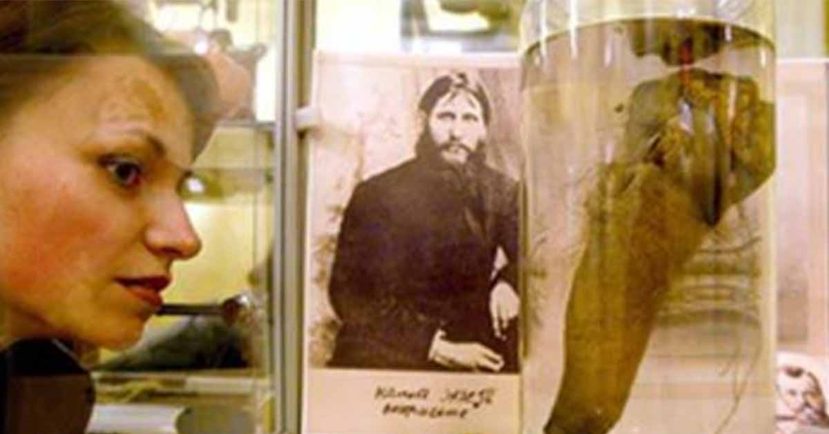 woman looking at Rasputin's dick on display in Russia