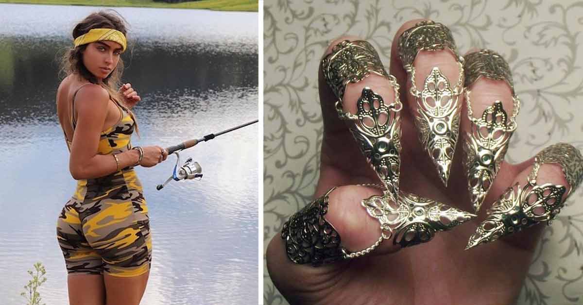 hot girl fishing and metal finger nails