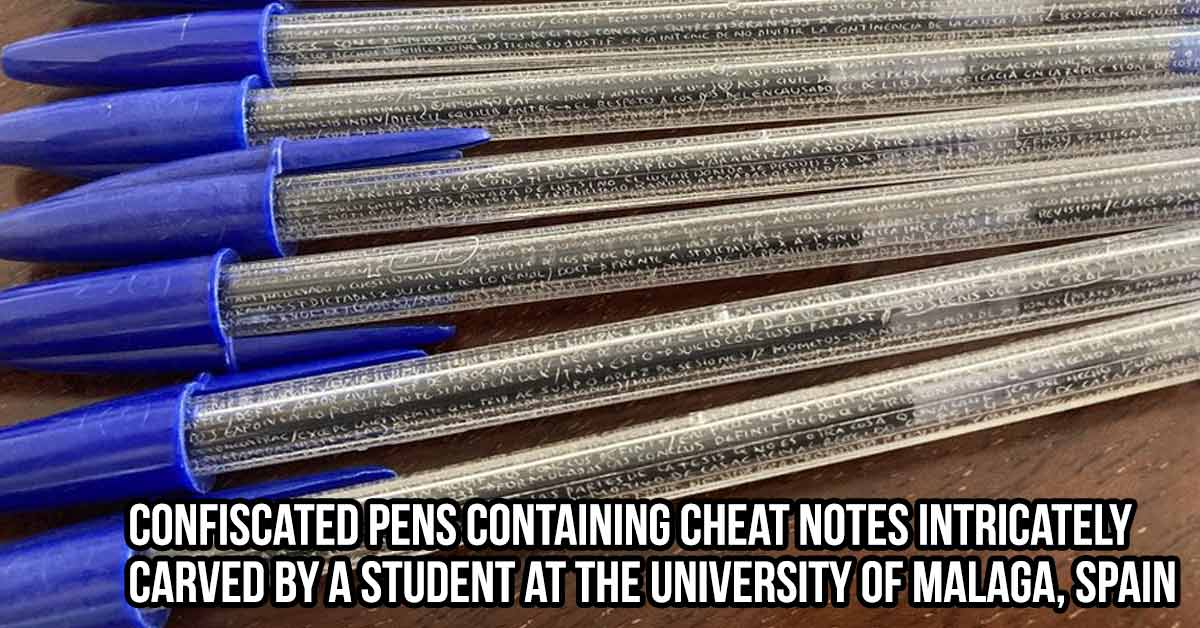 pens with answers and cheats carved into them