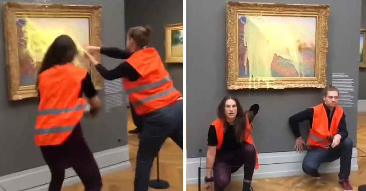 protestors throw mashed potatoes on monet