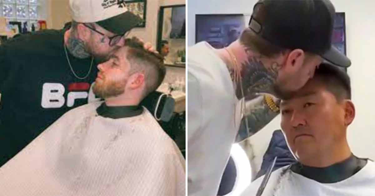 new jersey barber gives his clients kisses on the head