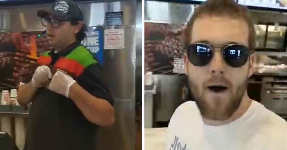 burger king employee with mouth open as aggressive customer demands a chicken sandwich