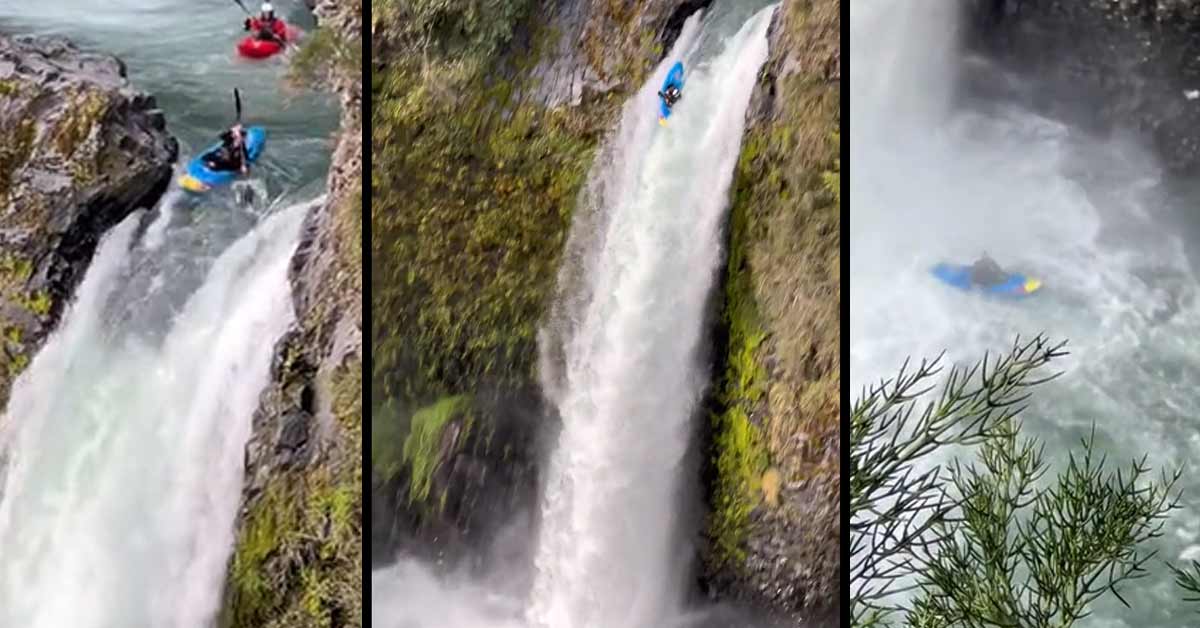 guy kayaking over a 70 foot waterfall