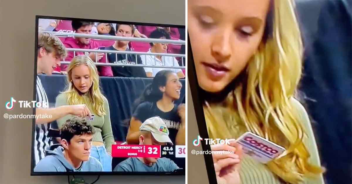 guy picking up a girl at a basketball game with his costco membership card