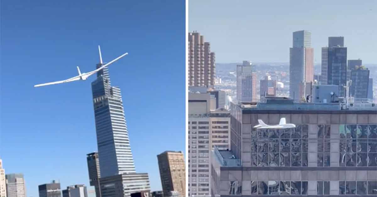 foam airplane thrown from the top of a NYC skyscraper