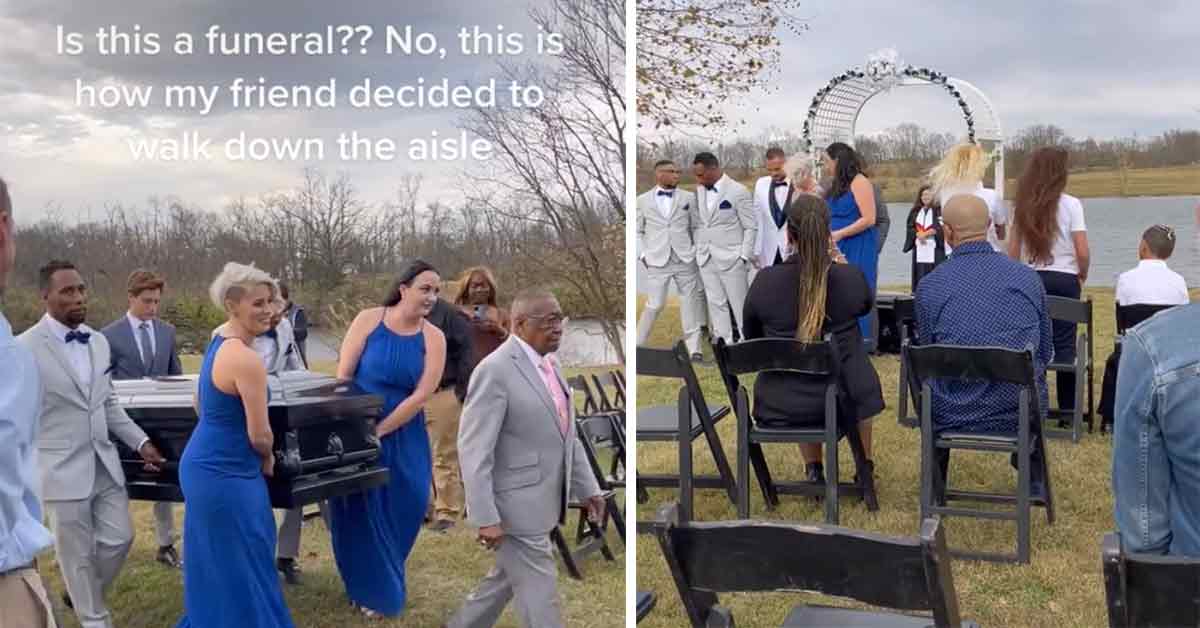 groom carried down the aisle inside a coffin