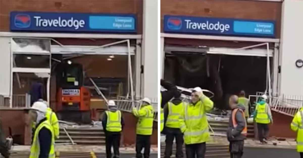 construction worker destroys travelodge with a backhoe