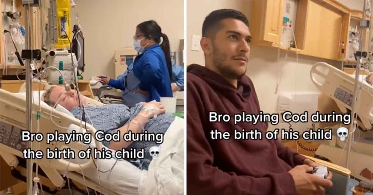 husband plays call of duty while his wife gives birth