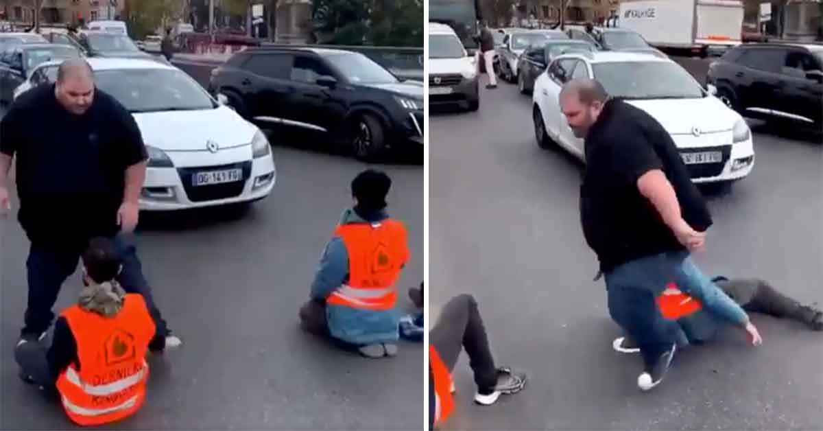 french dude removes protestors from the road