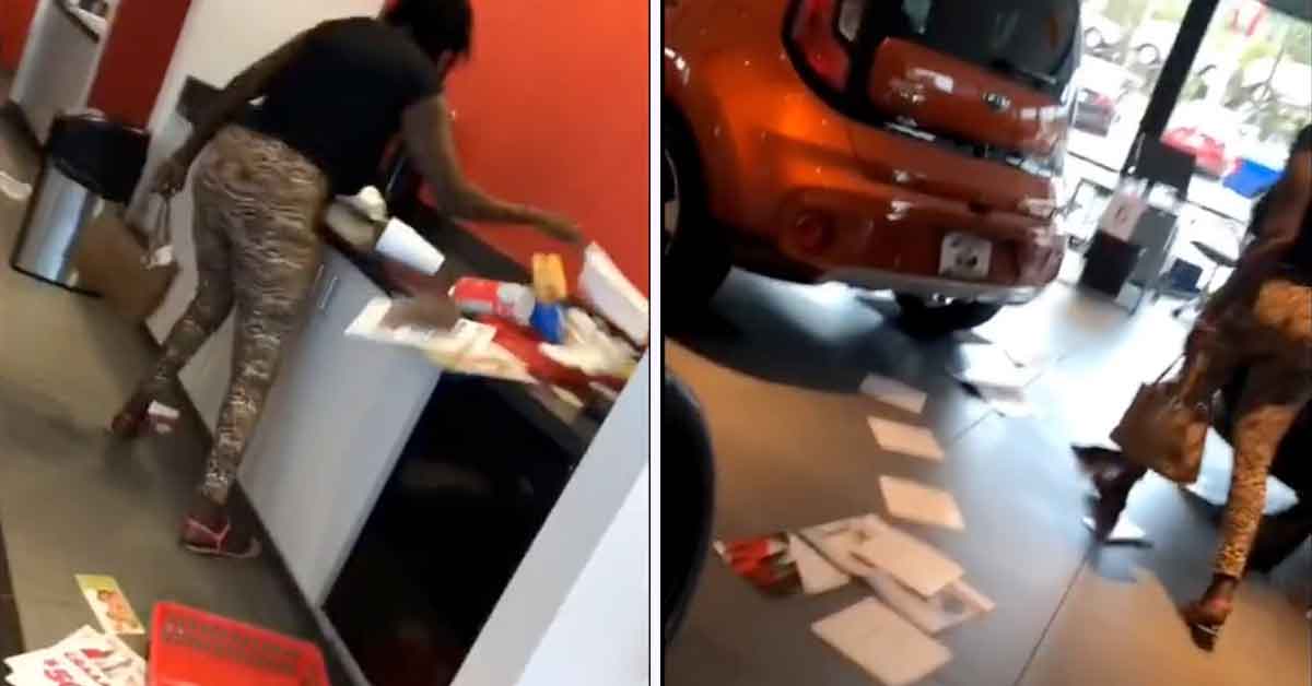 woman trashes kia dealership